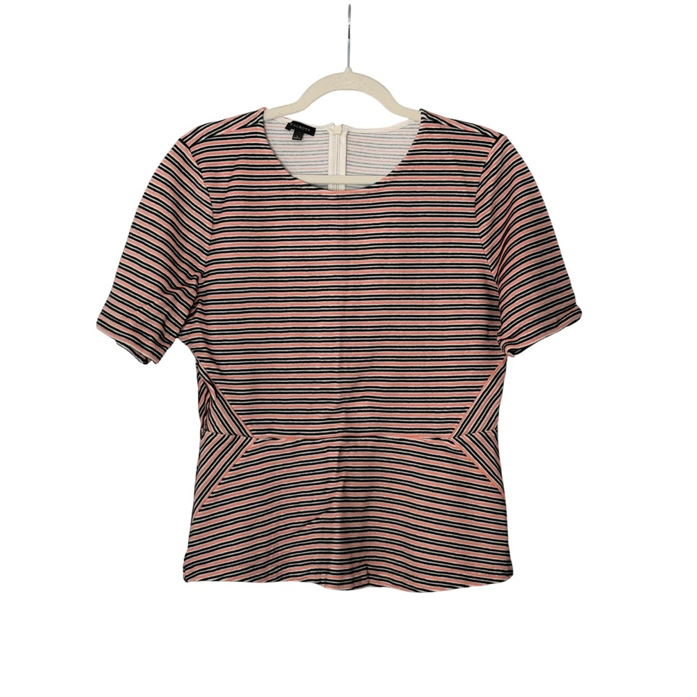 Talbots Women's L Pink Black White Stripe Textured Peplum Blouse | SKU 1095
